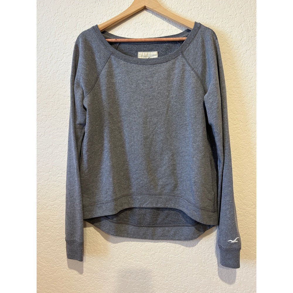 Vintage Y2K Hollister Sweatshirt Size L Gray Shimmer Raglan Scoop Neck Gull Logo